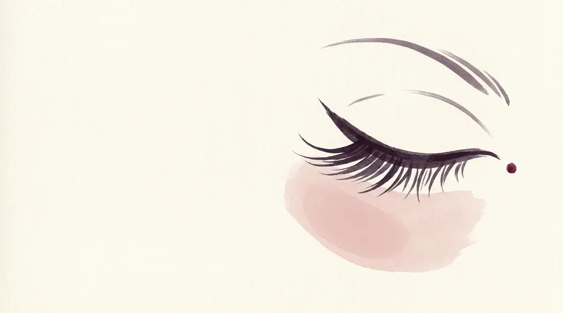 Ink illustration of a closed eye with long cluster lashes